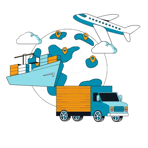 An illustration of global transportation featuring an airplane, a cargo ship, and a delivery truck with a globe in the background marked with location pins.